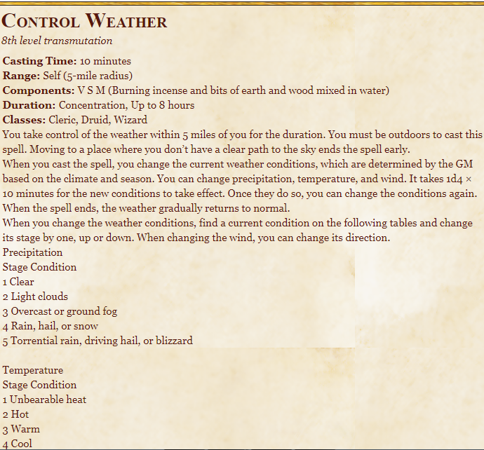 Control Weather spell in dnd spells