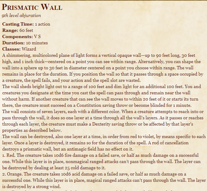 Prismatic Wall 5e Spell