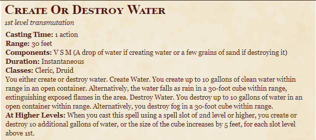 Create or Destroy Water 5E Spell In DnD