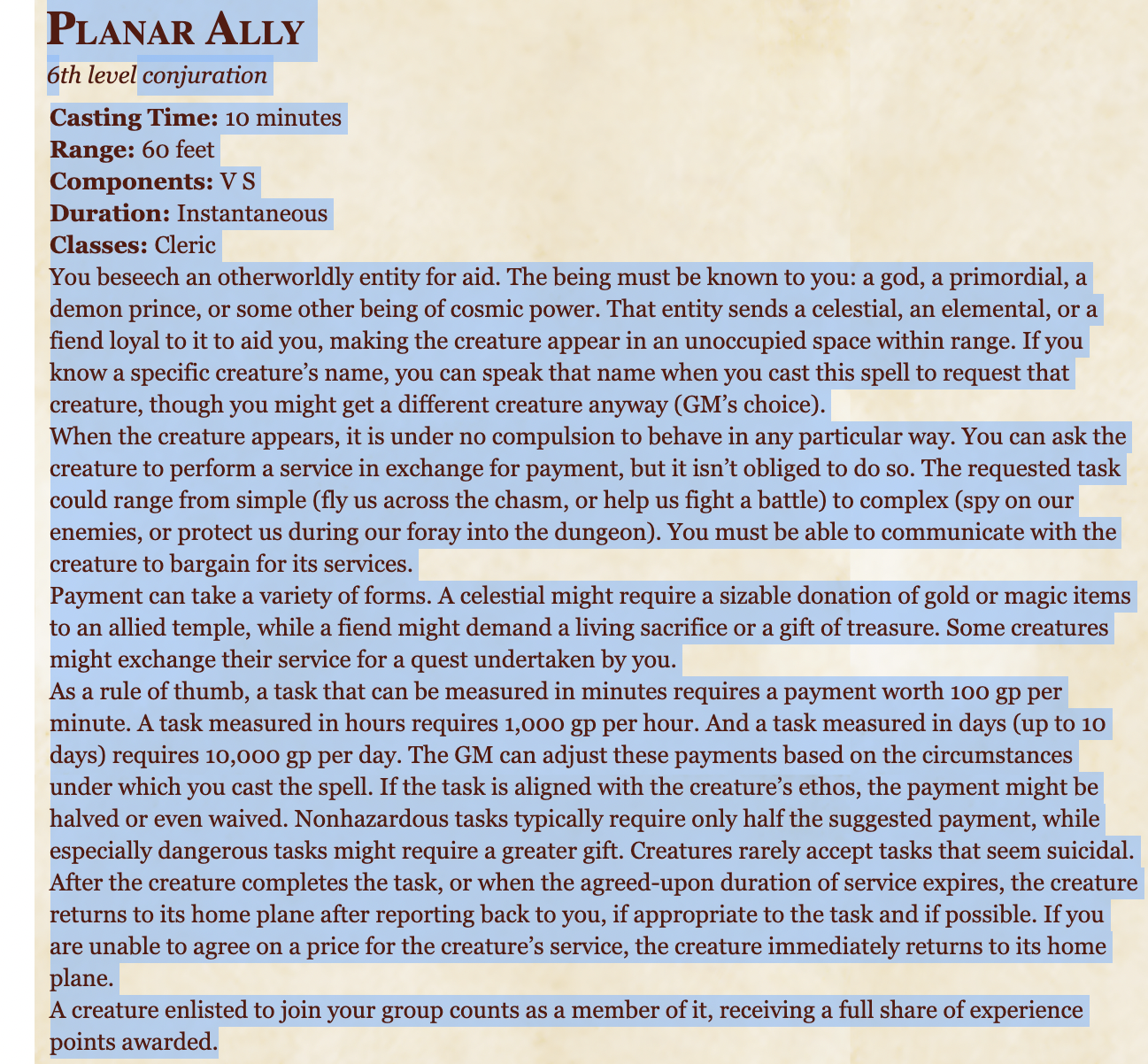 Planar Ally 5e (5th Edition) Spell in D&D
